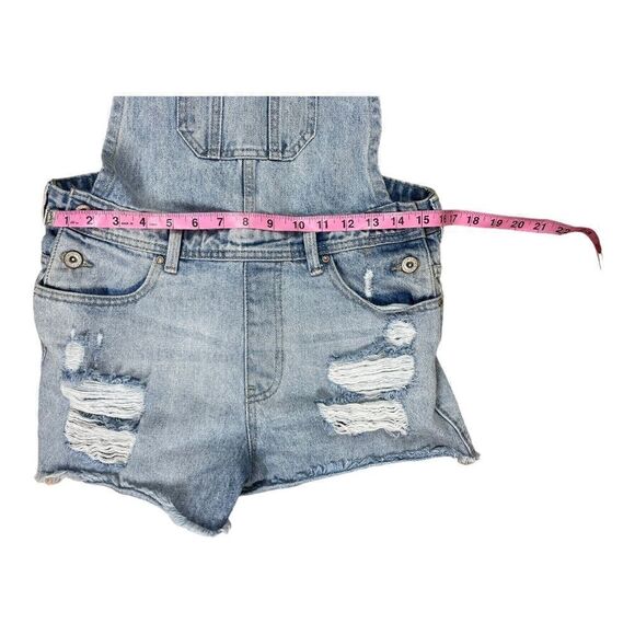 Forever 21 Blue Denim Jean Adjustable Raw Hem Overalls Shortalls Distressed - Picture 2 of 5